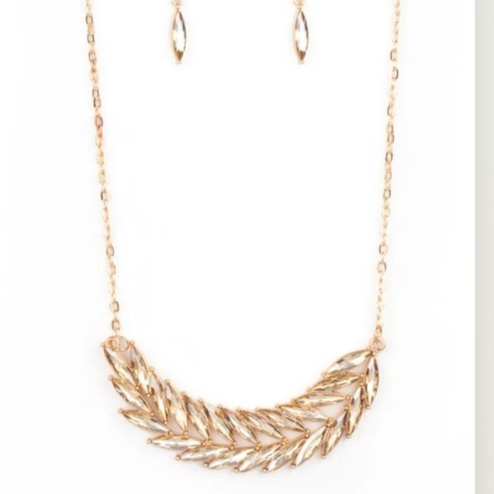 Paparazzi Gold Leaf Necklace and Earring Set Flight of FANCINESS Fashion Jewelry